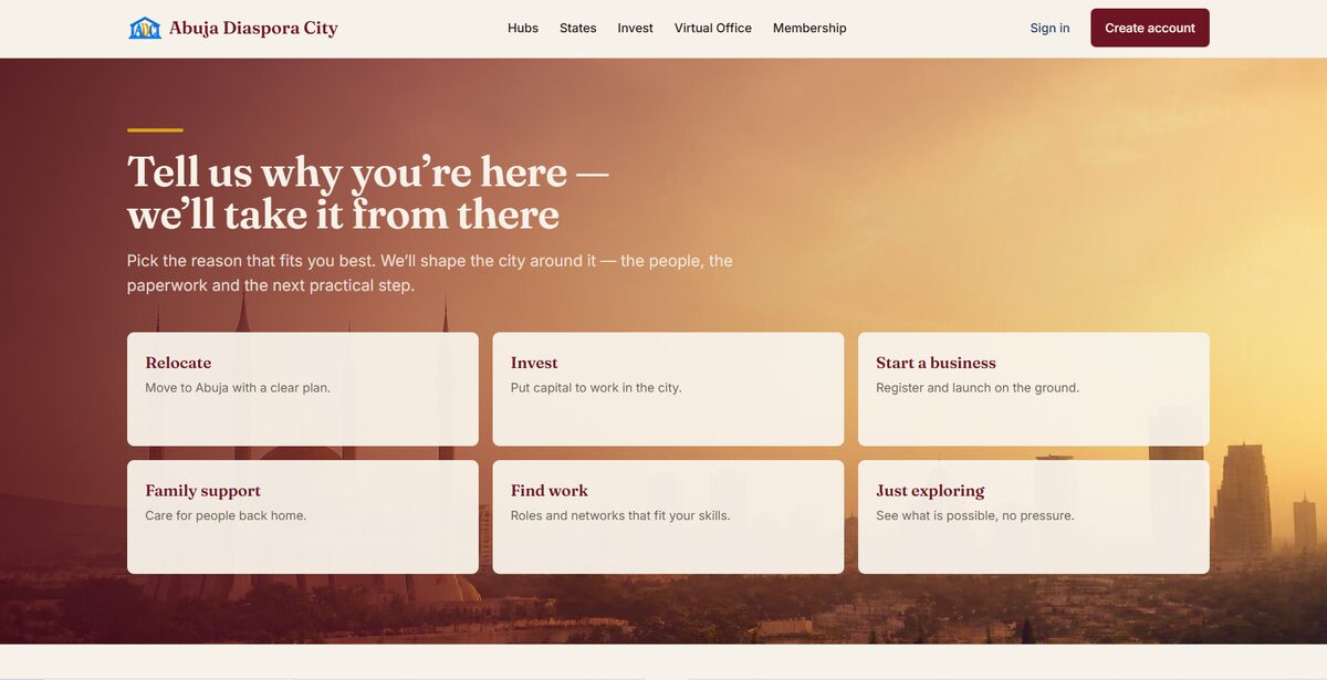 Abuja Diaspora City homepage designed by Don Great IT Solutions